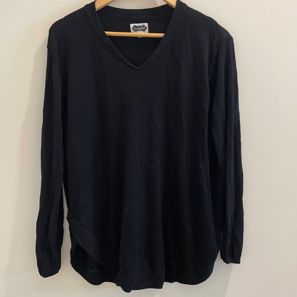 Mud Pie Womens Black V-Neck Long Sleeve Viscose Lightweight Knit Sweater Large